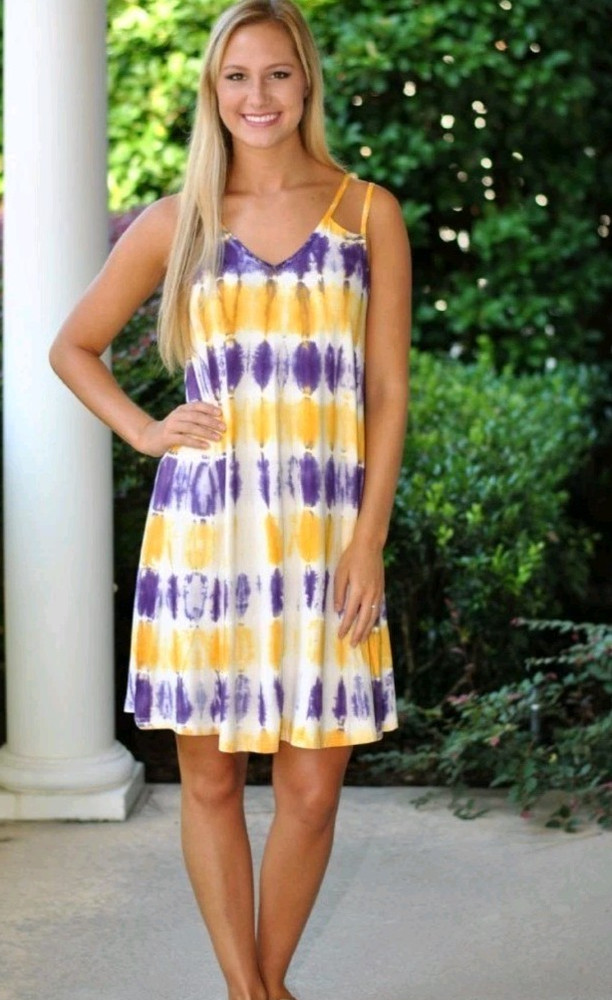 NWT Varsity Purple and Gold Strappy Knit Tie Dyed Sundress Sz L Cotton Spandex
