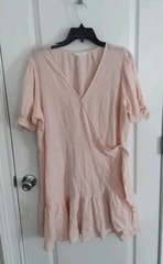 LC Lauren Conrad Women’s Faux Wrap Dress Flutter Sleeves Pink/White Size:XL