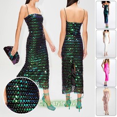 Women Sequins Spaghetti Strap Sleeveless Shiny Cocktail Dress Summer Club Dress