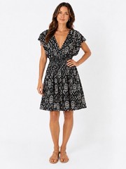 Old Navy Black White Ikat Print Dress Smocked Waist Size M Boho Resort Casual