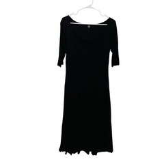 Eileen Fisher Black Knit Scoop Neck 3/4 Sleeve Midi Shift Dress Lyocell Silk S
