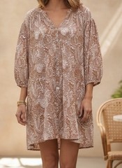 LILLA P Cotton Bracelet Sleeve Button Down knee length Fossil Print dress LARGE