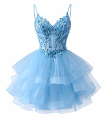 Women&rsquo;s Blue Tulle A-Line Dress S Short V-Neck Beaded Sequin Party Formal