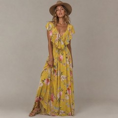 Yumi Kim Maxi Dress Small Yellow Floral Ruffle V-Neck Open Back Boho Summer