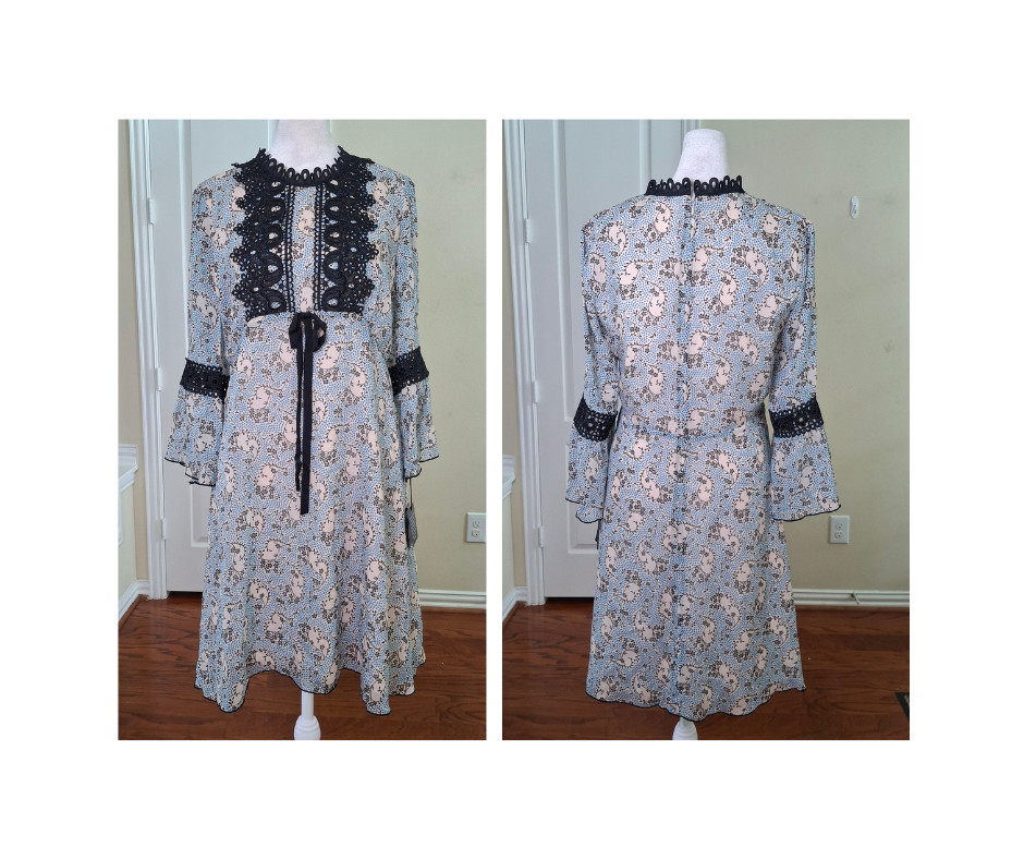 NEW Anna Sui Dress Blue 6 Midi Boho Floral Lace Cottagecore Goth Bell Sleeve