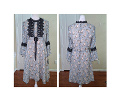 NEW Anna Sui Dress Blue 6 Midi Boho Floral Lace Cottagecore Goth Bell Sleeve