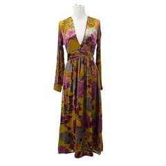 Warehouse Velvet Burnout Sz 4 Maxi Dress Floral Gold Pink Plunging Neck Whimsy