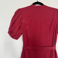 Derek Lam Alexandra Red Puff Sleeve Midi Dress | Size 4 | Tiered Button Front