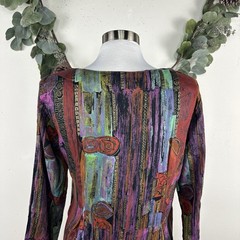 90s Passports Pier One Sheath Dress M Abstract Print Rayon Midi Modest Pleats