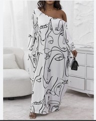 Chicme Women&rsquo;s Abstract Line Print One-Shoulder Maxi Dress – White & Black