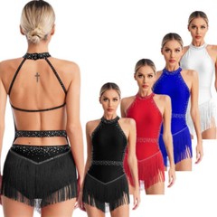 US Women&rsquo;s Dance Leotard Backless Rompers Fringe Jumpsuit Glitter Bodysuit Shiny