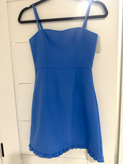 Blue Solid Sweetheart Adjustable Strap Ruffle A-Line Mini Dress Zip Size 0