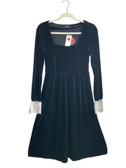New Cider Small Black Velvet Long-Sleeve Dress Lace Cuffs Goth Whimsical Preppy*