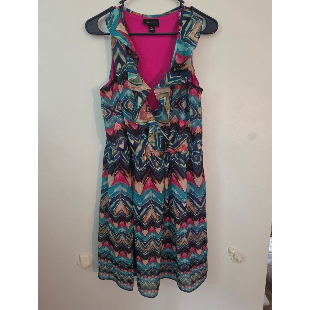AB Studio Teal/ Pink/Blue. XL Chevron Ruffle Midi Dress. Fairycore Sd21