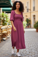 Old Navy Smocked Midi Dress Size S Puff Sleeve Burgundy Prairie Cottage Core