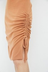 XS Petite Anthropologie Emily Ruched Midi Dress in light camel
