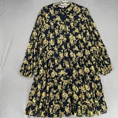 Review Dress Womens 8 Black Yellow Tie Belte Long Sleeve Balloon Floral Button