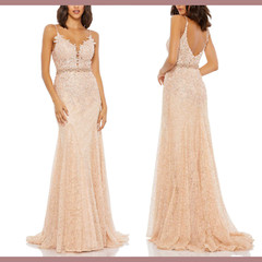 NWT Mac Duggal [ 0 ] 79341 Applique Plunge Neck Trumpet Gown in Blush Pink J1644