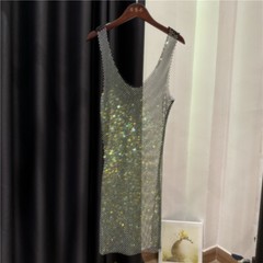 Women Rhinestone Mesh See Through Tank Dress Slim Fit Sleeveless Short Bodycon
