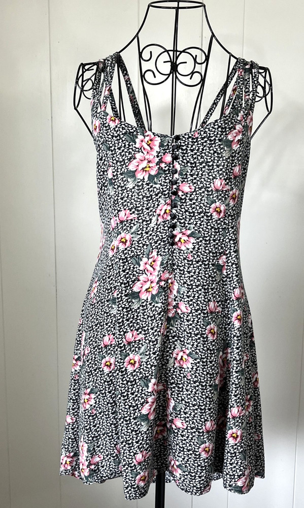 Pins & Needles Floral Fit & Flare Dress Triple Strap Back Button Front M
