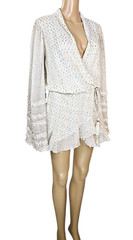 ROCOCO SAND Noi Ivory Metallic Print V Neck Long Sleeve Mini Dress S $325
