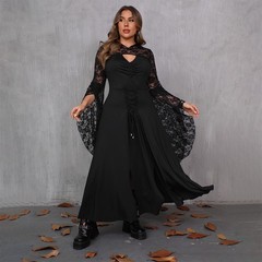 Women Gothic Punk Lace Flare Long Sleeve Long Dress Vintage Split Party Dresses