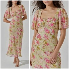 ASTR Tie Back Flutter Sleeve Open Back Cut Out Midi Dress in Lime Pink Floral L
