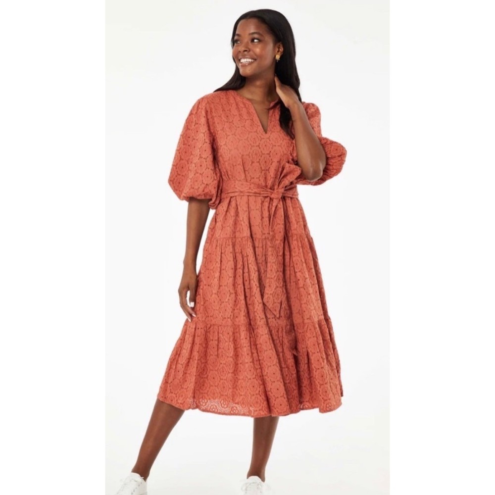 Roller Rabbit Orange Cotton Eyelet Tiered Midi Dress Puff Sleeve Womens Large