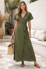 Oliver Bonas Maxi Wrap Dress Green Leaf Print UK 12 US 8 Short Sleeve Romantic