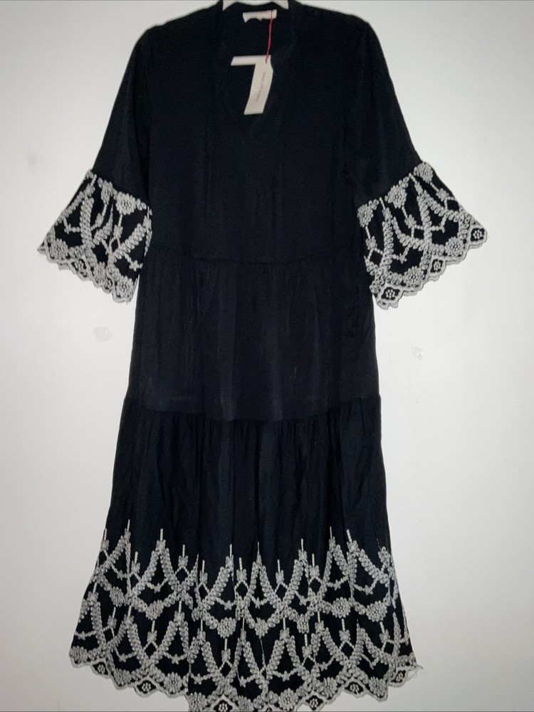 SOLITAIRE TIERED EMBROIDERED EYELET BLACK RAYON MAX DRESS 3/4 BELL SLEEVE L NWT