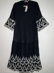 SOLITAIRE TIERED EMBROIDERED EYELET BLACK RAYON MAX DRESS 3/4 BELL SLEEVE L NWT
