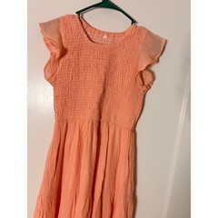 Peach Smocked Bodice Midi Dress Flutter Sleeve Tiered Skirt Small femine