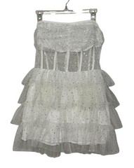 Iridescent Sparkly Sequin Tiered Tulle Mini Dress Mesh Corset Boned Strapless L