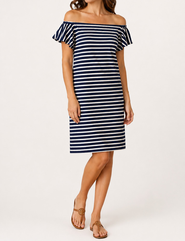 Lauren Ralph Lauren Size XL Navy Off White Striped Dress Nautical Coastal Preppy