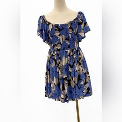Free People Blue Floral Smocked Mini Ruffle Sleeve Fit & Flare Dress Size Small