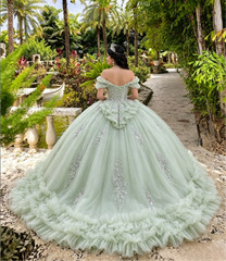 Off Shoulder Sage Green Tulle Beaded Ruffle Quinceanera Sweet15 Gown