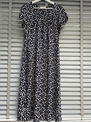 ADINI Navy Cherry Dress Size Large Blue Midi Side Ties Fit Flare Short Sleeve