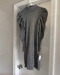 Glamour Gray Solid Knit Sweater Dress Mock Neck Puff Sleeve Knee Length S