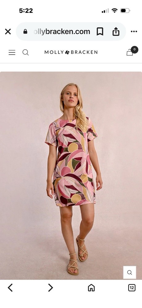 Molly Bracken Pink Yellow Green Geometric Woven Shift Dress Short Sleeve S