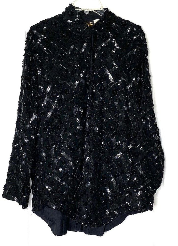 Creative Creations Black Sequin Beaded Embellished Silk Shirt-Dress Jacket LARGE