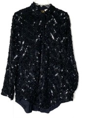 Creative Creations Black Sequin Beaded Embellished Silk Shirt-Dress Jacket LARGE
