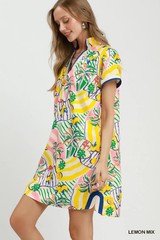 Umgee Tropical Print Collared Shift Dress – Lemon Mix – Small