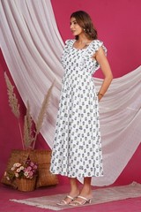 Hand Block Printed Cotton Flared Midi Dress Wide Frill Sleeve Dress with Lining