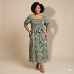 Indigo Rose Women’s 2X Green Floral Smocked Midi Dress Puff Sleeve NWT