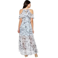 Vince Camuto Blue/Gray Floral Cold shoulder Halter Lined Ruffle Maxi Dress 8