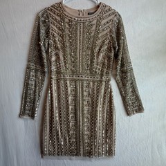 Gianni Bini Long Sleeve Champagne Sequin and Pearl Embellished Mini Dress