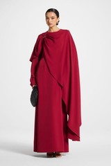 Women’s Regular Red Solid Long Gown Dress with Draped Cape Overlay