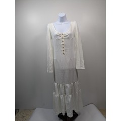 Cream Long Sleeve Tiered Maxi Dress Scoop Neck Button Front Small