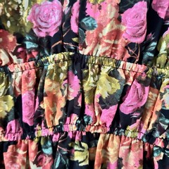 MELONIE T Size 10 A-Line Dress Black Pink Green Floral 3/4 Sleeve Midi