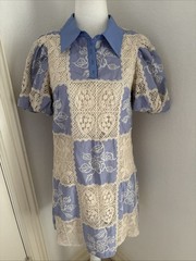Sofie the label Blue Ivory Crochet Shirt Dress S Collared Puff Sleeve Button